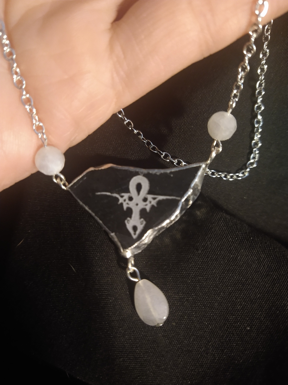 Black marble Ankh Pendant Necklace with Moonstone Accents - Gothic Gargoyle